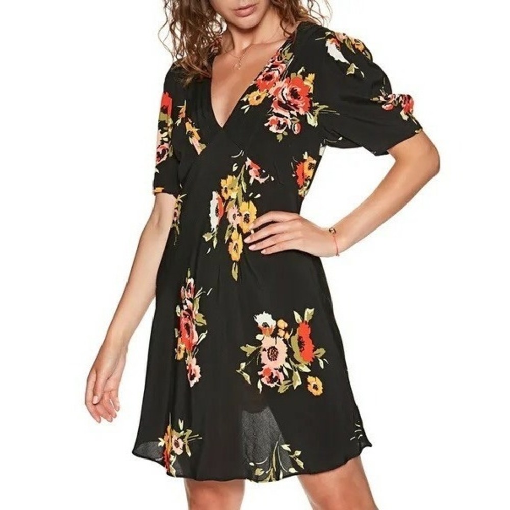 Free People Black Floral Flutter Sleeve V Neck Mini Dress Size 12